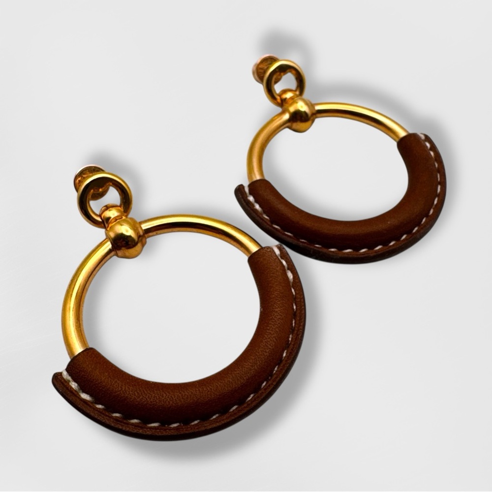 Hermes Grand Loop Leather and 18kt gold Plated Brass Earrings